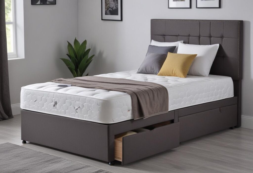 A modern single bed with storage drawers. The bed has a comfortable-looking mattress with white bedding and a brown throw blanket. There are two pillows on the bed, one gray and one yellow. A potted plant sits on the floor next to the bed.