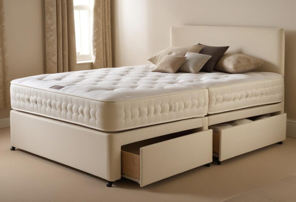 A cream colored Small Double divan bed with headboard, plush mattress, multiple pillows, and built in under-bed storage drawers. natural lighting, bedroom furniture
