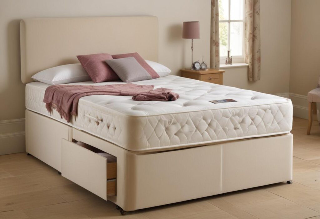 A cream colored small double divan bed with matching headboard, dressed with white linens, pink and grey throw pillows, and a soft pink throw blanket. The bed has under-bed storage drawers. The scene is set in a well-lit bedroom with a window and a nightstand.
