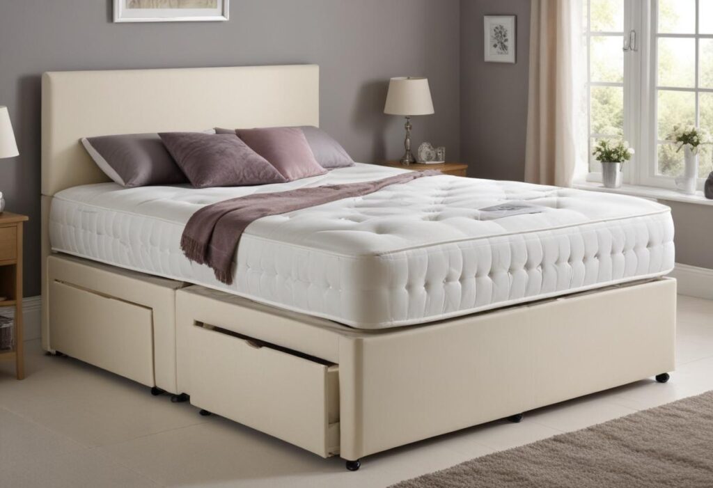 A cream colored upholstered Small double divan bed with under-bed storage drawers. The bed has a headboard and is dressed with white sheets, purple pillows, and a throw blanket. The bed is in a bedroom with light beige walls and a window with natural light coming through.
