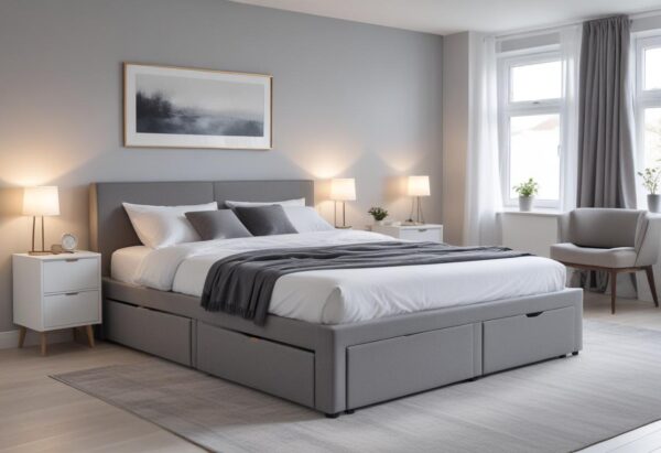 A modern bedroom with a grey upholstered small double bed with storage. The room is bathed in soft, natural light from a large window, creating a calming ambiance. Simple yet elegant furniture and decor complete the minimalist aesthetic.