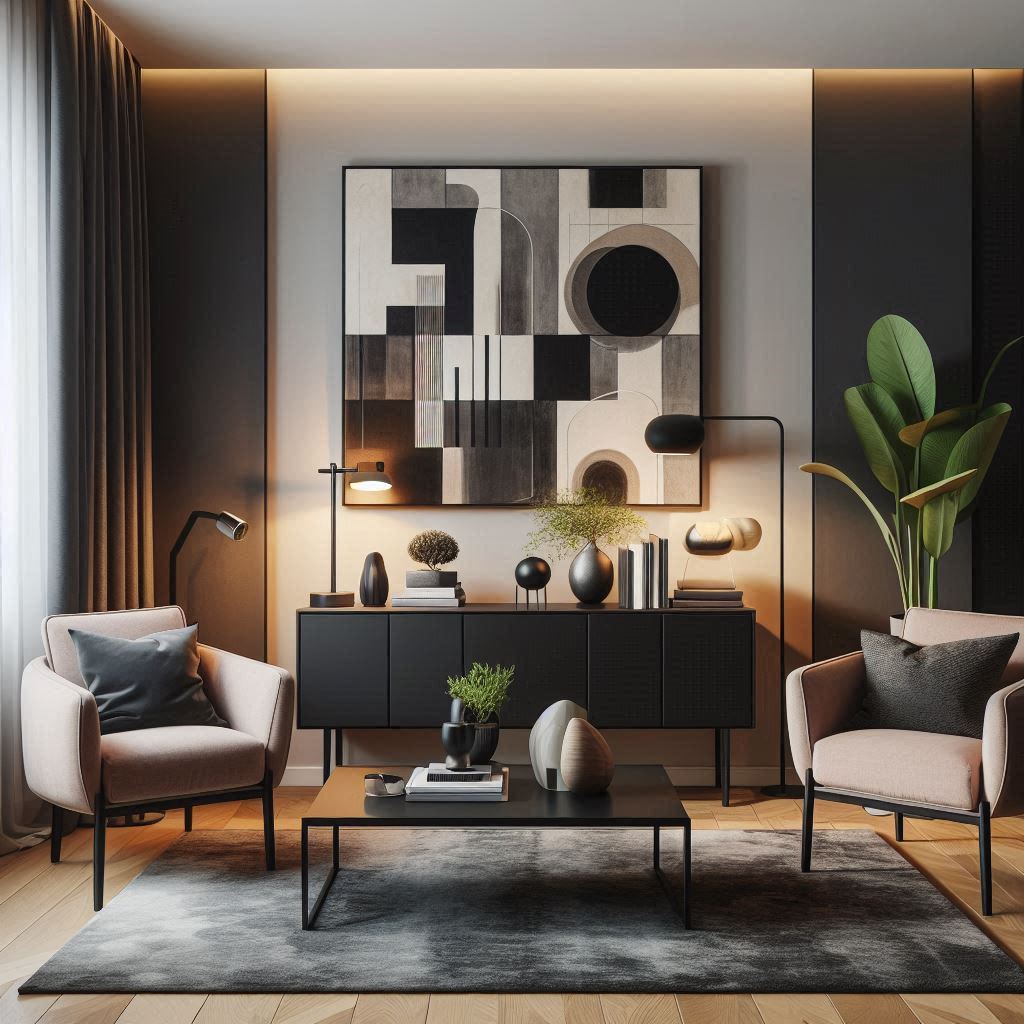 Black console table adorned with decorative books, a small indoor plant, and a sleek lamp. Plush armchairs, an area rug, and abstract wall art complete the stylish layout.