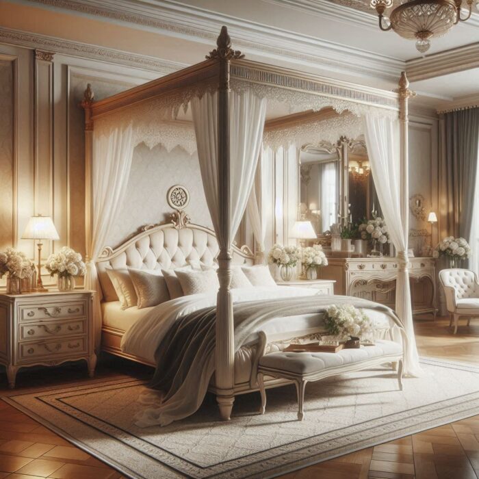 Elegant canopy bed with a four-poster frame, draped with soft fabric, creating a luxurious and cozy sleeping space.