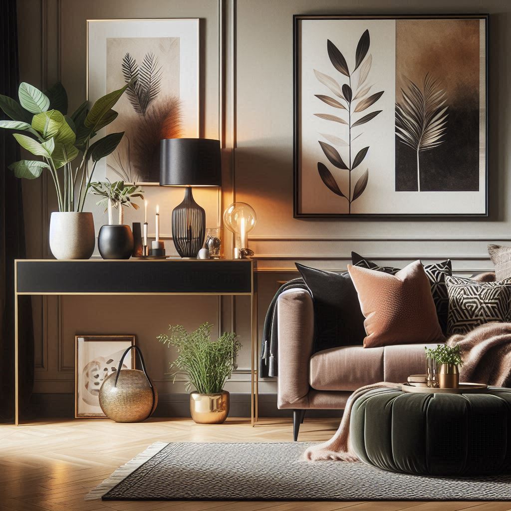 Sleek black console table adorned with decorative items: a decorative tray, a small potted plant, and a stylish lamp.