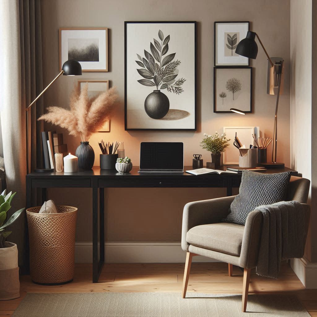 Black console table styled as a workspace with a laptop, office supplies, and a decorative plant. A comfortable chair and stylish desk lamp complete the cozy nook.