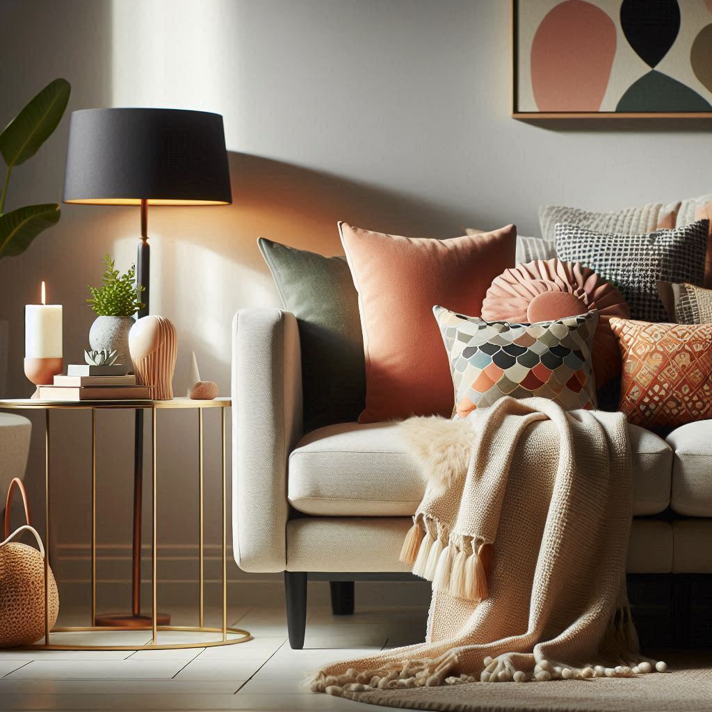 A wide sofa with colorful throw pillows and a cozy blanket. A chic side table with a small plant and a stylish lamp adds to the inviting atmosphere of the living space.