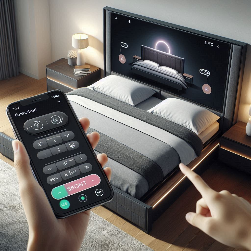 Close-up view of a TV bed’s control panel showing options for adjusting the TV and bed frame, alongside a smartphone displaying a remote app to highlight smart features.