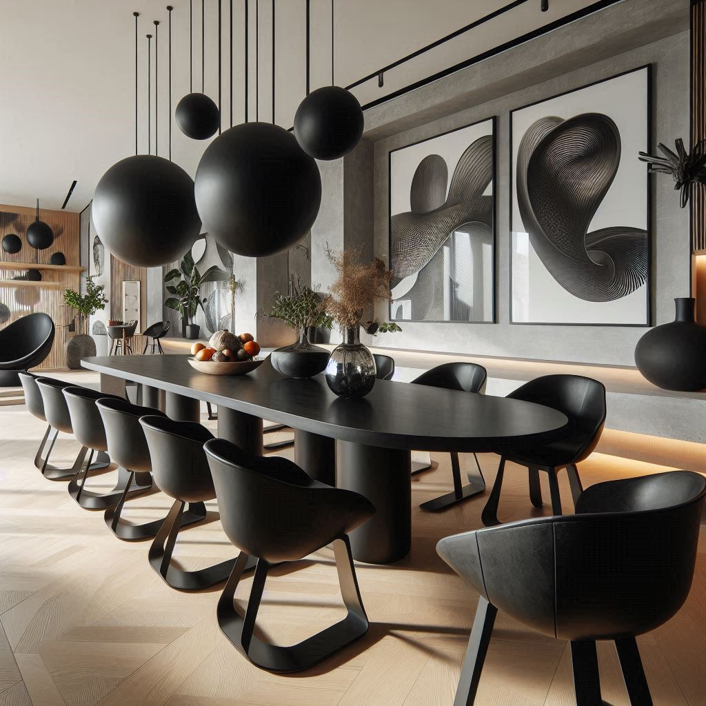 Contemporary dining area with unique black dining chairs featuring bold shapes and modern materials, showcasing sophistication and style.