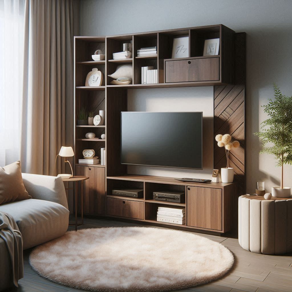 A cozy compact living room featuring a dark wood corner TV stand with storage compartments for media devices. Comfortable seating surrounds the TV stand, and a small side table and soft rug add warmth to the room, creating an inviting space perfect for small living areas.