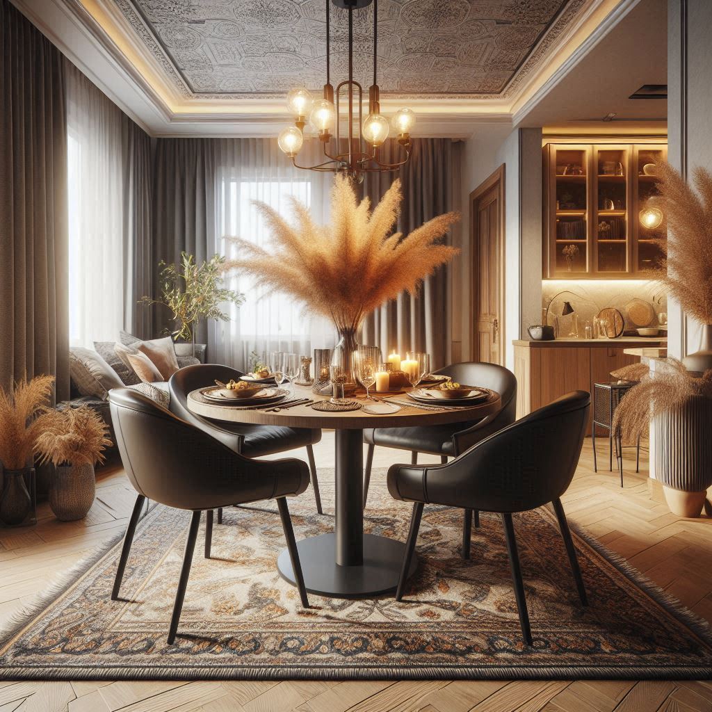 Cozy dining nook with a textured rug, black dining chairs, and warm lighting, evoking sophistication and style.