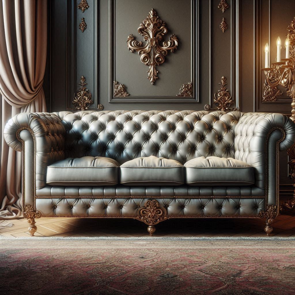 Luxurious Chesterfield 3-seater sofa with deep button-tufting in an elegant, formal setting, featuring ornate decor and rich, warm tones.