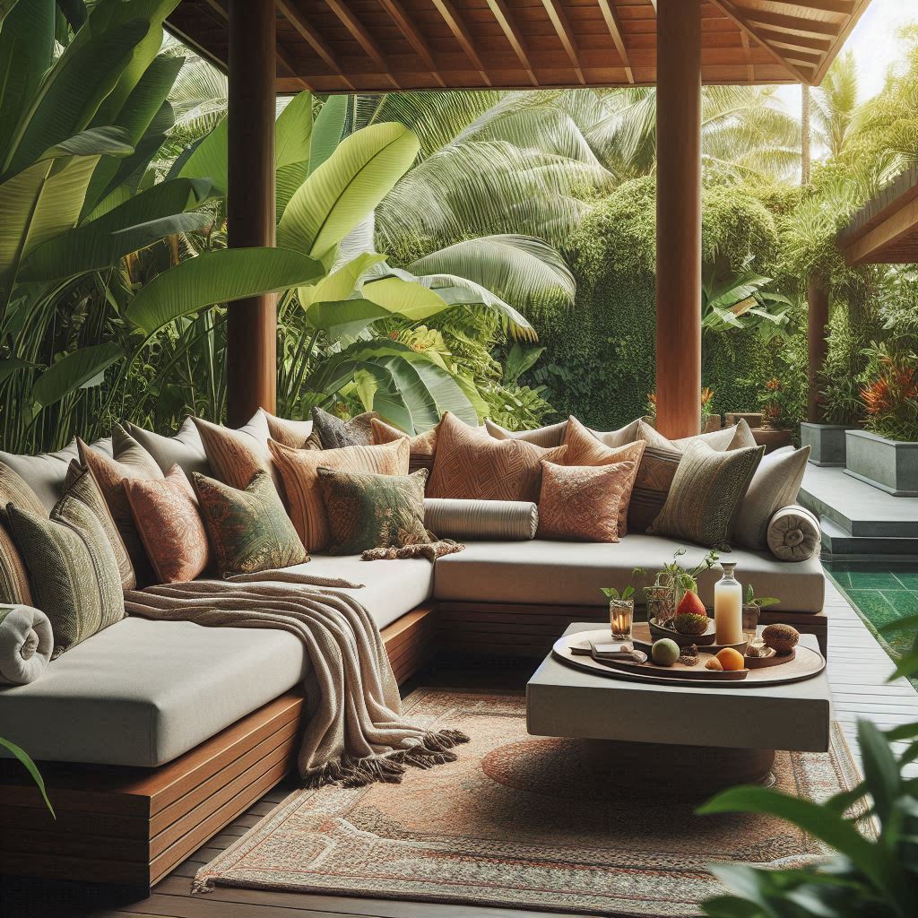 Luxurious outdoor daybed under a shaded area, adorned with plush cushions and throws, surrounded by tropical plants, creating a serene and inviting atmosphere.