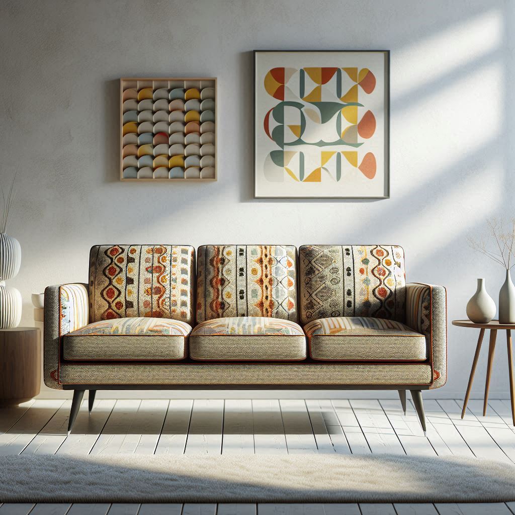 Mid-century modern 3-seater sofa with tapered legs and retro patterns in a bright, airy space with large windows and natural light.