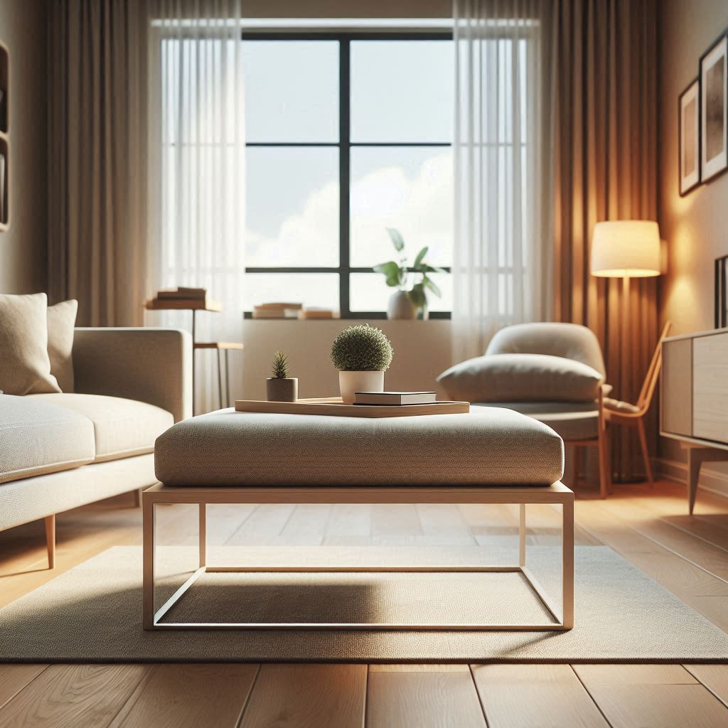 A cozy living room with a modern coffee table footstool featuring a soft, upholstered cushion in a neutral color, paired with a sleek, minimalistic coffee table. The room includes a comfortable sofa, light wooden flooring, a simple rug, and large windows that allow natural light to flood the space. Decorative plants, books, and warm lighting add to the inviting, stylish atmosphere.