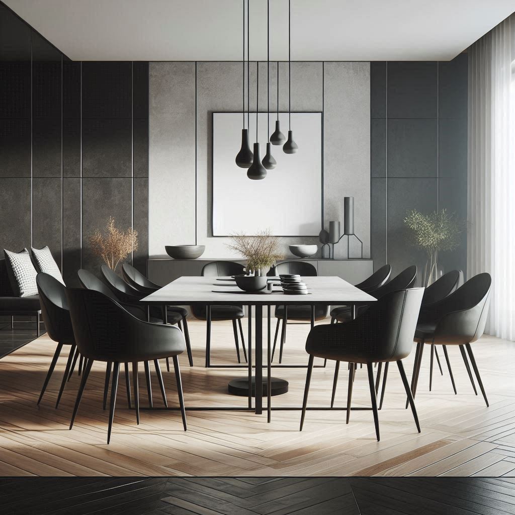 Modern dining room with sleek, minimalist black dining chairs around a stylish dining table, emphasizing clean lines and contemporary aesthetics.