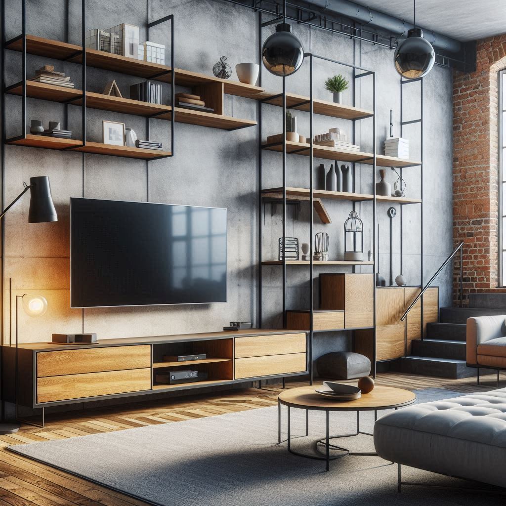 A spacious living room with a modern industrial-style TV stand made of metal and wood, featuring open shelving. Exposed brick walls and bold lighting fixtures complement the theme. A mid-century modern sofa and coffee table complete the cozy yet stylish atmosphere.