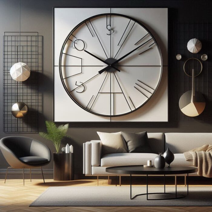 Modern living room with a sleek, minimalist wall clock featuring geometric design, complementing contemporary furniture and enhancing the overall decor and ambiance.