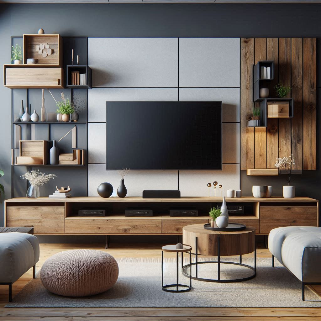 A modern living room with various TV stands, including a sleek wall-mounted stand, a rustic wooden freestanding stand, and a minimalist floating stand. The room has a cozy yet stylish feel with accent furniture like a footstool, coffee table, and sofa set. TV stands are crafted from glass, wood, and metal, featuring clean cable management and decorative items such as plants, books, and small sculptures.