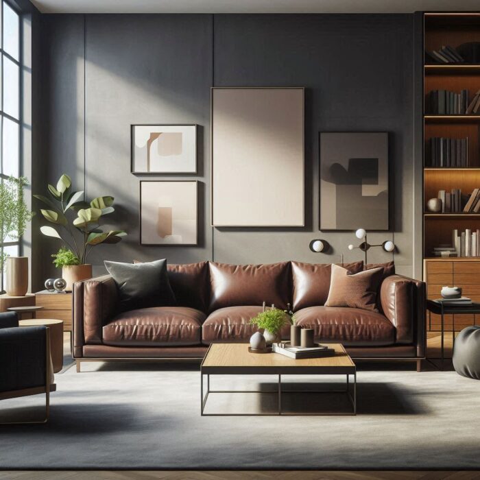 A modern living room with a luxurious deep brown leather sofa as the centerpiece. The sofa is paired with accent cushions in contrasting fabrics like velvet or linen. The room features a minimalist yet cozy feel, with a matching wooden coffee table, a soft area rug, and elegant side tables. Large windows in the background allow natural light to flood the room, highlighting the leather sofa's rich texture. Additional decor like plants, books, and modern lighting fixtures complete the inviting space.