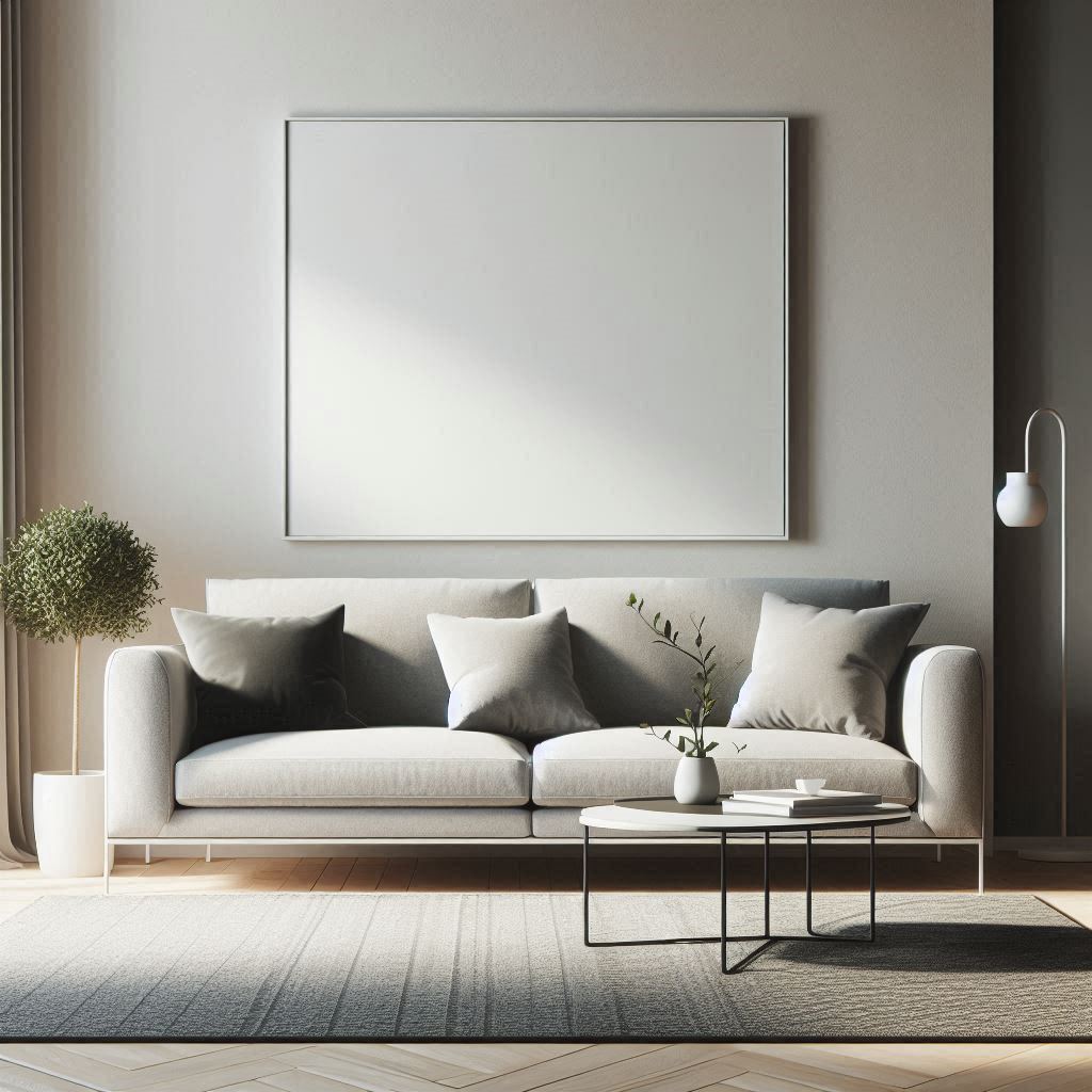 Modern minimalist 3-seater sofa in a sleek, contemporary living room with neutral tones and clean lines, conveying comfort and style.