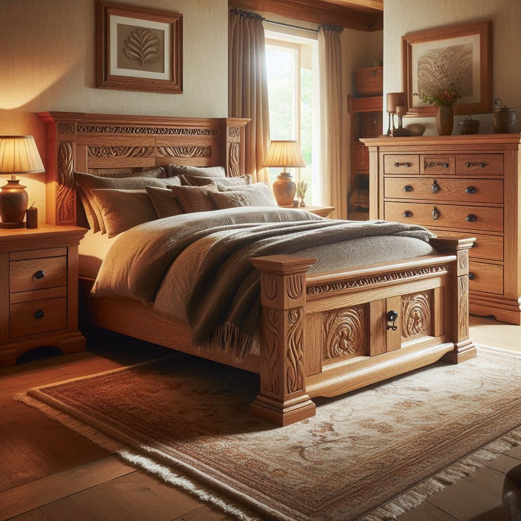 A rustic oak bedroom set featuring a large bed frame with intricate carvings, a matching bedside table, and a tall oak dresser. Warm lighting and a cozy rug add comfort, while soft neutral bedding and cream-colored walls create a soothing atmosphere. A window with sheer curtains lets in natural light.