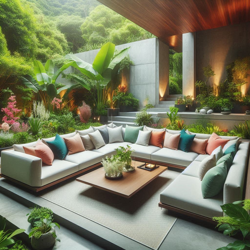 Spacious sectional sofa in a modern outdoor setting, surrounded by lush greenery and colorful cushions, ideal for entertaining and enhancing the outdoor ambiance.