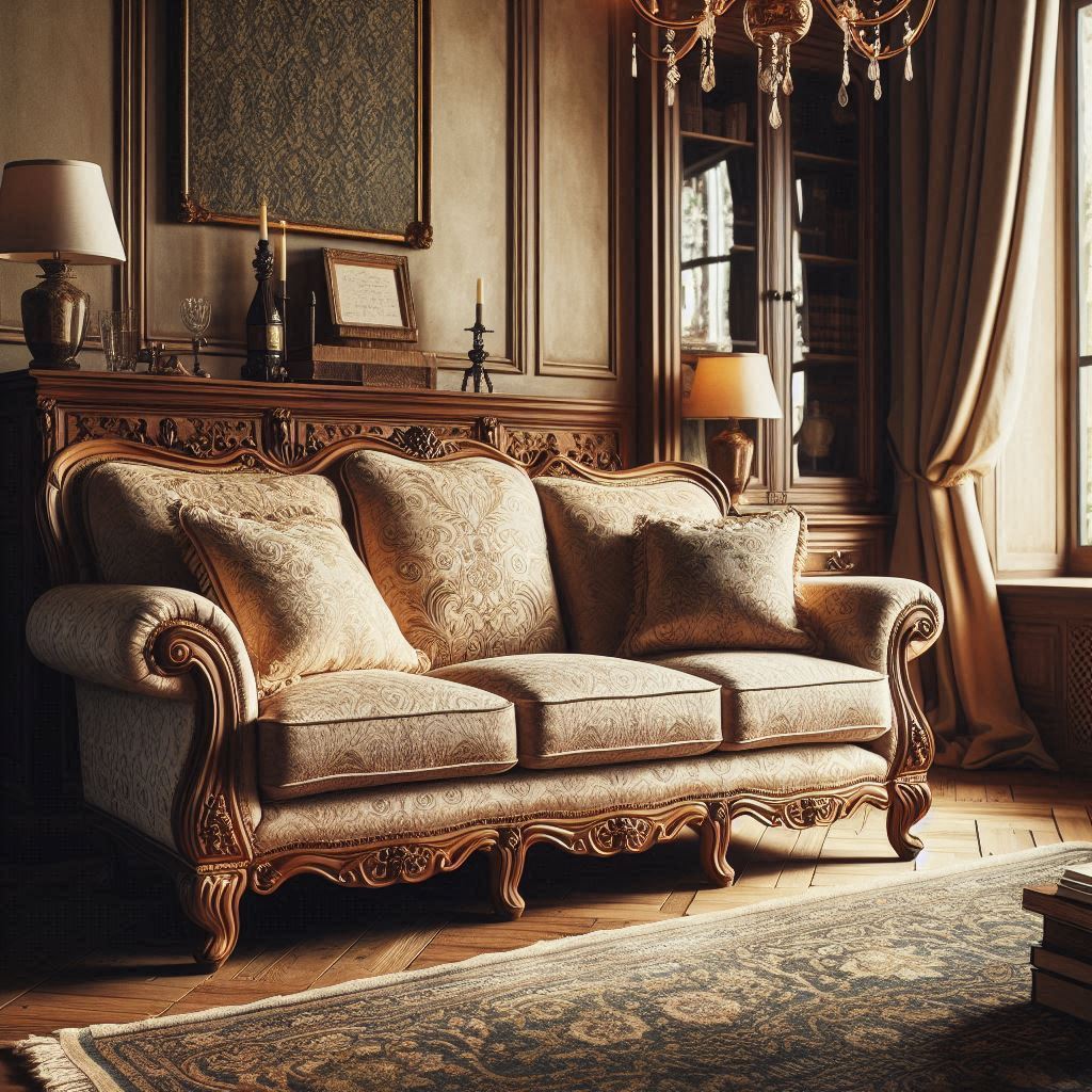 Traditional 3-seater sofa with rolled arms and intricate upholstery in a cozy, classic-styled room with warm lighting and vintage decor elements.