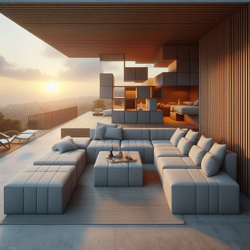 Versatile modular sofa arrangement set on a stylish patio with a stunning view of the sunset, offering comfort and elegance with reconfigurable seating options.