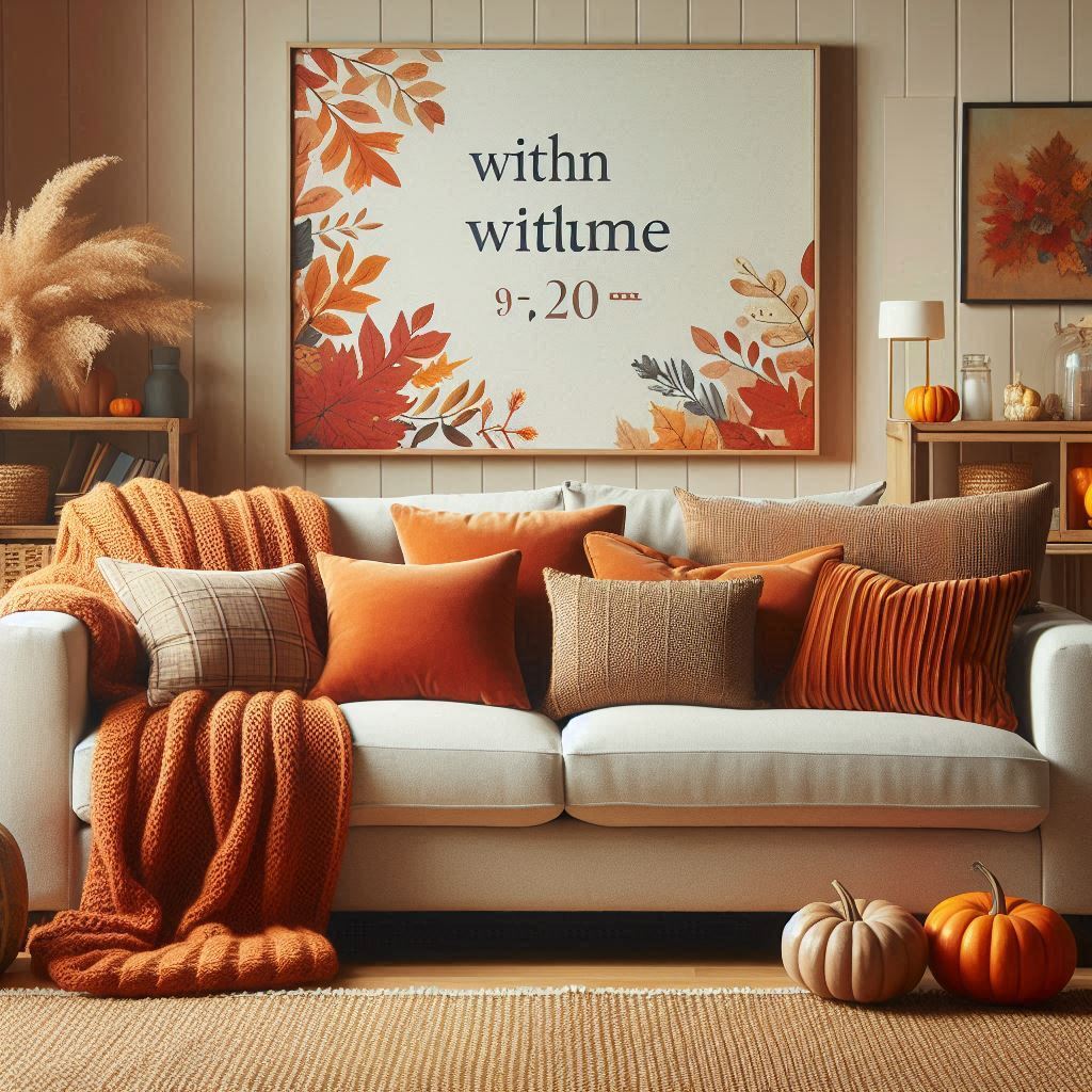 A wide sofa styled for autumn with warm-toned pillows and a chunky knit throw. The background includes pumpkins and autumn leaves, showcasing a cozy living room setting for the season.