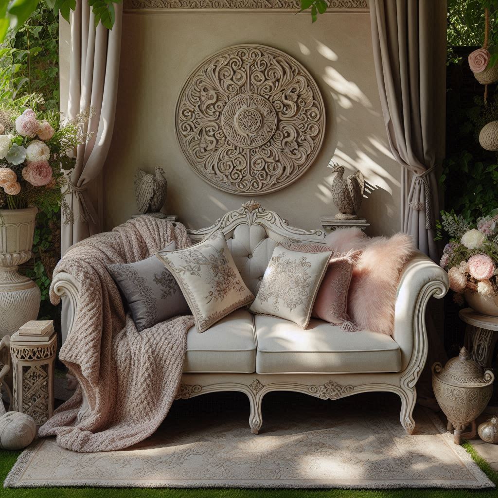 Intimate loveseat with elegant design elements placed in a cozy garden nook, accented by soft throws and decorative pillows, surrounded by lush greenery and garden decor.