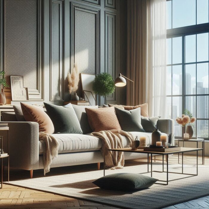 An inviting living room with a spacious wide sofa in a modern design, complemented by plush pillows and a soft throw. The room is bright and airy, with natural light streaming in through large windows, showcasing a stylish coffee table and decorative side tables.