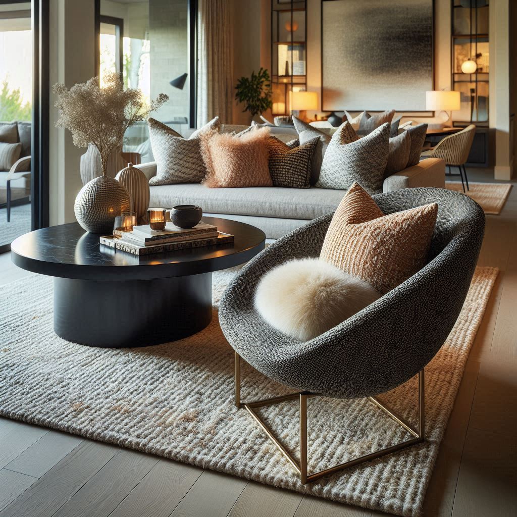 Open-concept living area with a Boucle Chair defining a cozy seating nook, decorative pillows, a side table, warm lighting, and a modern design aesthetic.