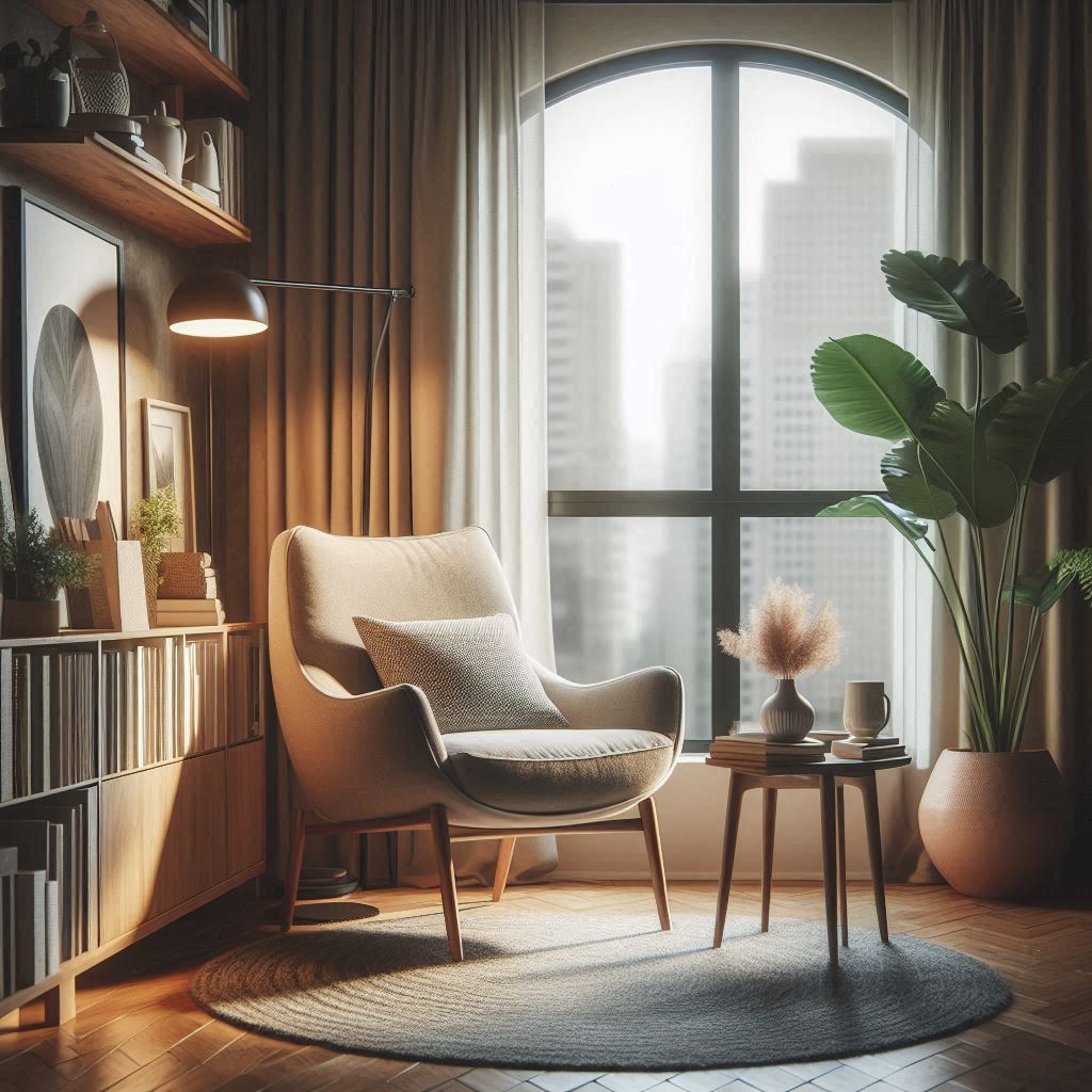 A serene reading nook by a window, featuring a modern armchair. Soft natural light filters through the curtains, illuminating the comfortable chair. A side table holds a cup of tea and a book.