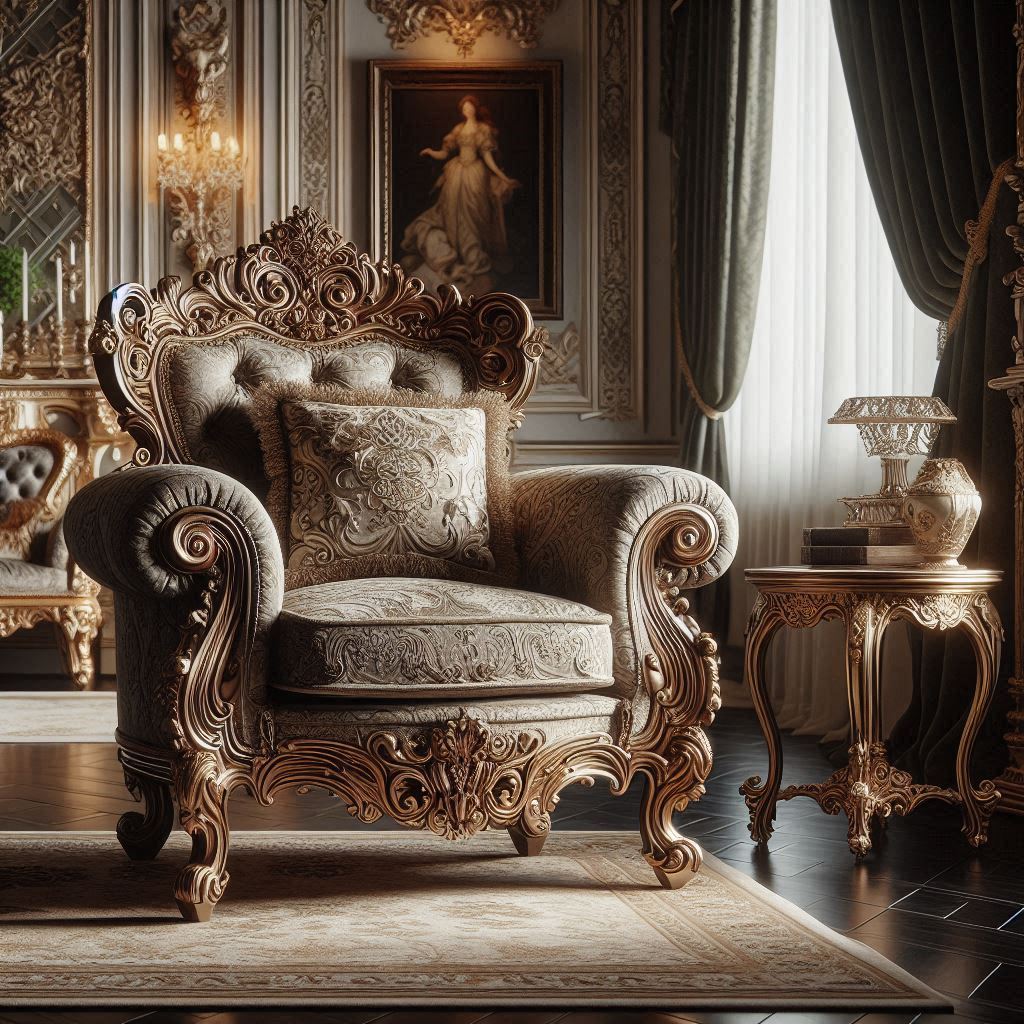 An elegant formal living room with a classic armchair. The chair has ornate detailing, rich upholstery, and wooden legs. A decorative fireplace and a chandelier add to the refined ambiance.