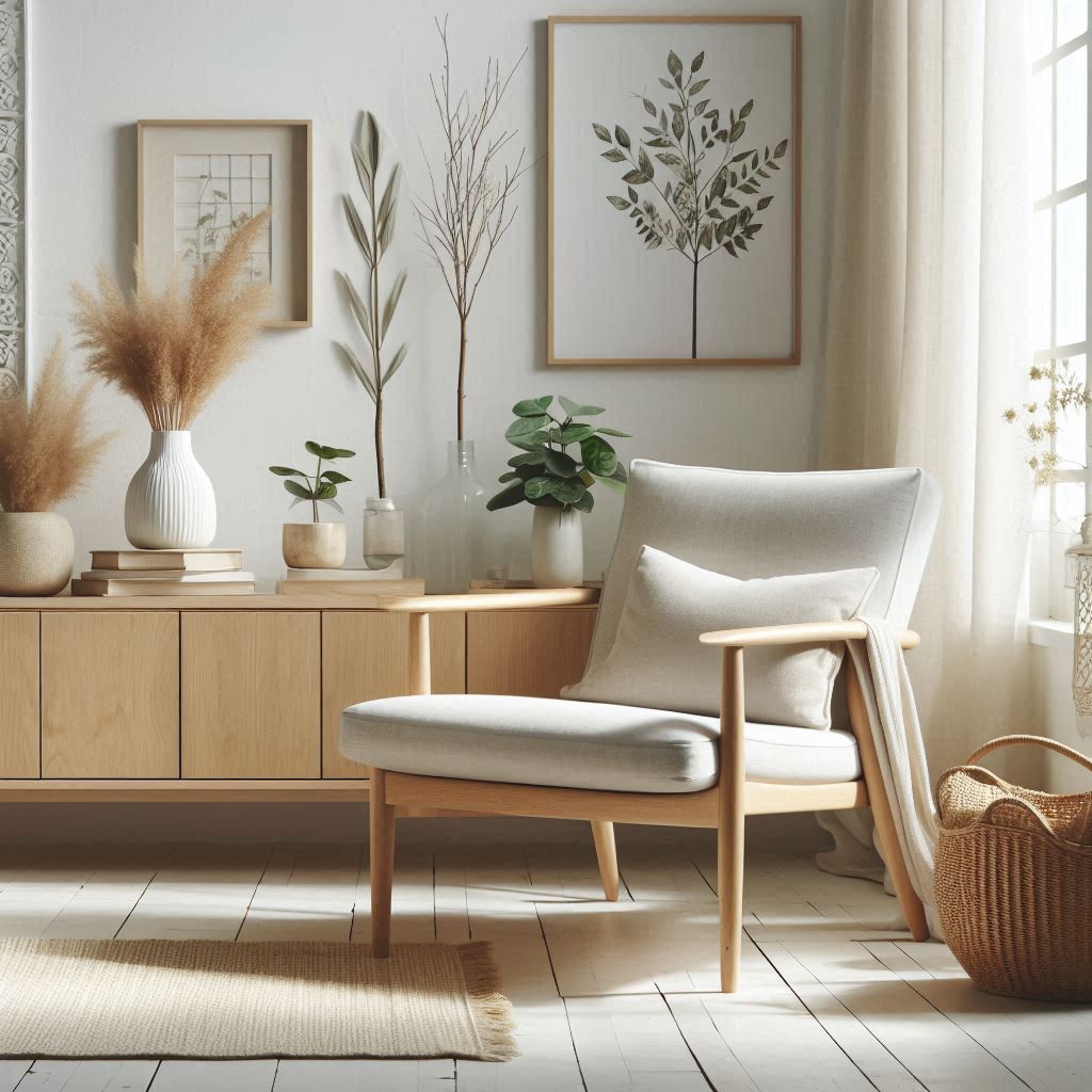 A minimalist Scandinavian armchair in a sunlit room. The chair has clean lines, light wood legs, and a white cushion. Natural decor elements, such as potted plants, complete the serene setting.