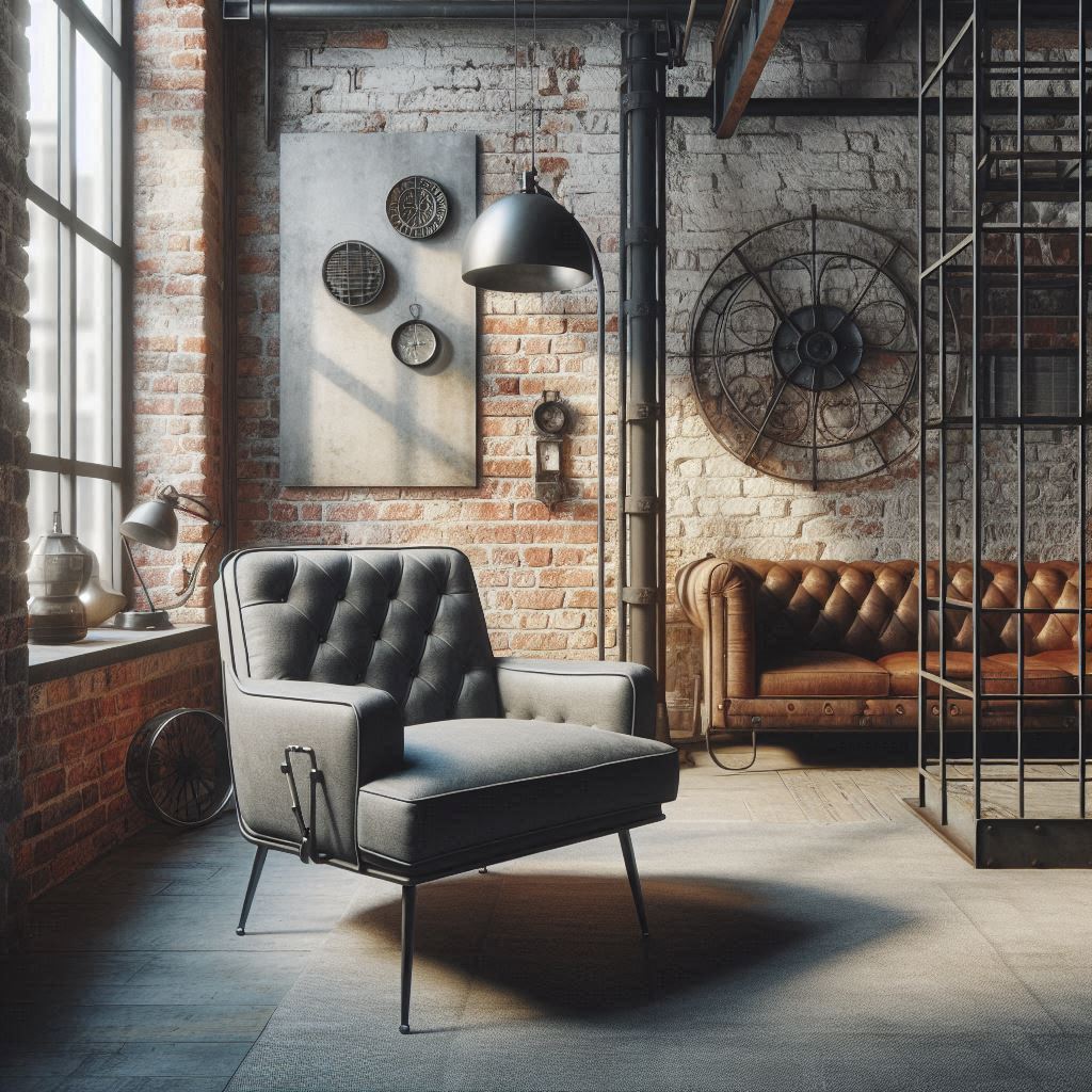 An industrial-style armchair in a loft with exposed brick walls. The chair has metal accents, distressed leather upholstery, and rivets. Edison bulb pendant lights hang from the ceiling.