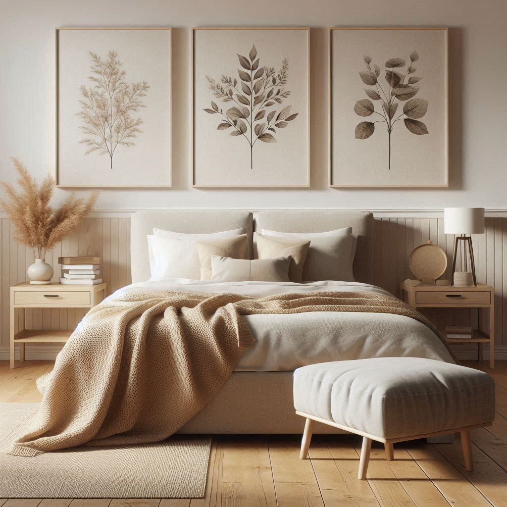 Bedroom with a soft, minimalist set of three nature-inspired prints above a cozy bed, neutral tones, and a small footstool for added style.