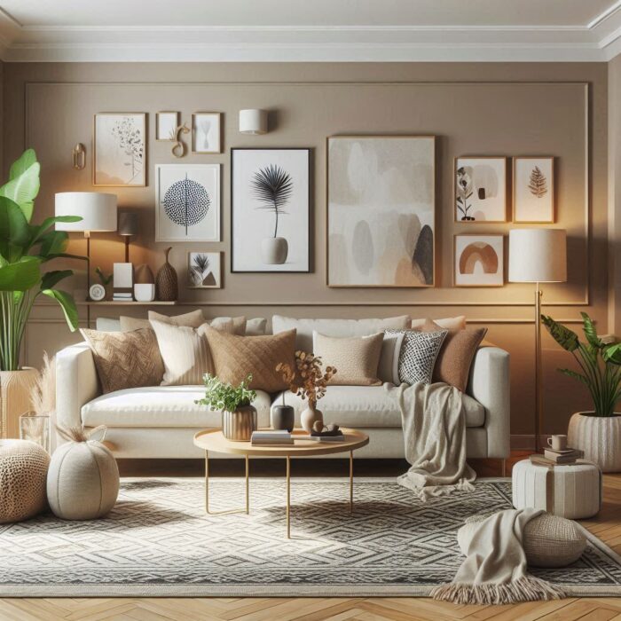 A cozy and modern living room featuring a beige couch as the centerpiece. The couch is adorned with textured pillows and a soft throw. A patterned rug lies beneath the coffee table, which is flanked by a side table. Indoor plants add greenery, and soft ambient lighting comes from floor lamps and table lamps. Subtle wall art complements the warm beige tones of the room.