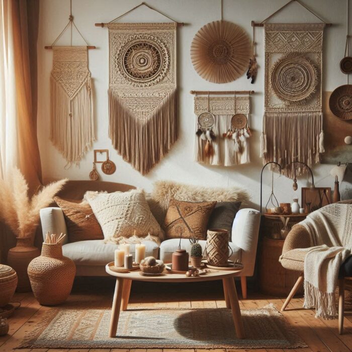 Cozy living room with macrame and woven wall hangings in warm, earthy tones for a relaxed bohemian feel.