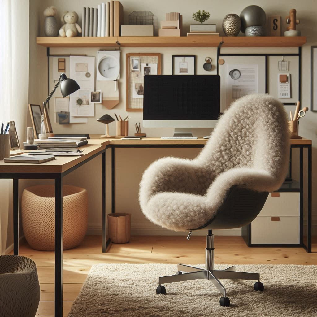 Home office with a Boucle Chair highlighting ergonomic design and aesthetic appeal, complemented by a stylish desk and organized accessories, with warm lighting and a modern design aesthetic.