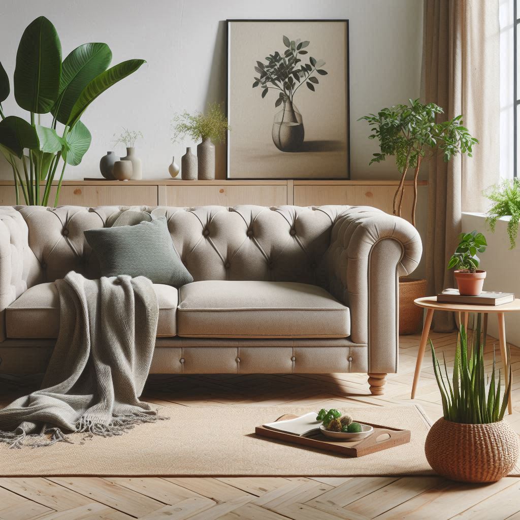 Eco-friendly Chesterfield sofa in recycled leather and organic fabric, placed in a minimalist living room with wooden accents.