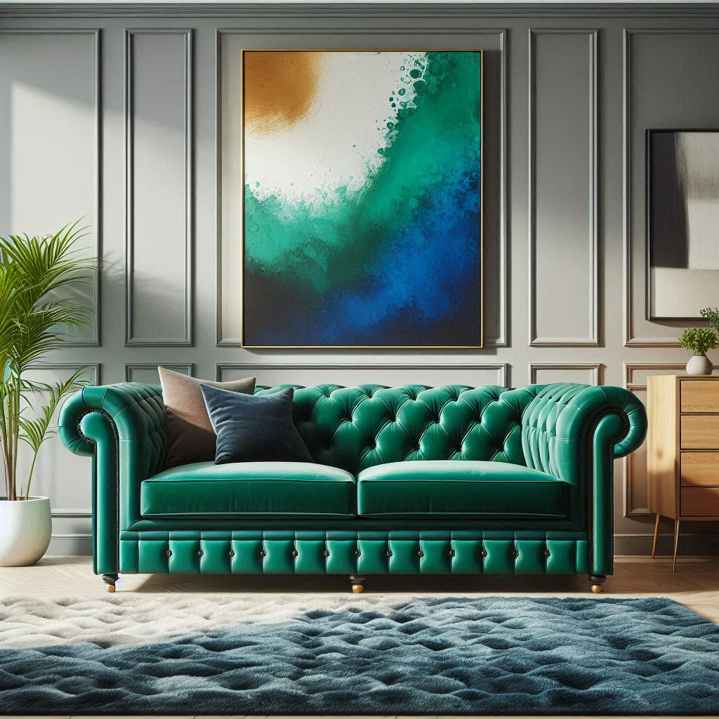 Vibrant emerald green Chesterfield sofa with tufted design, set against a neutral backdrop.