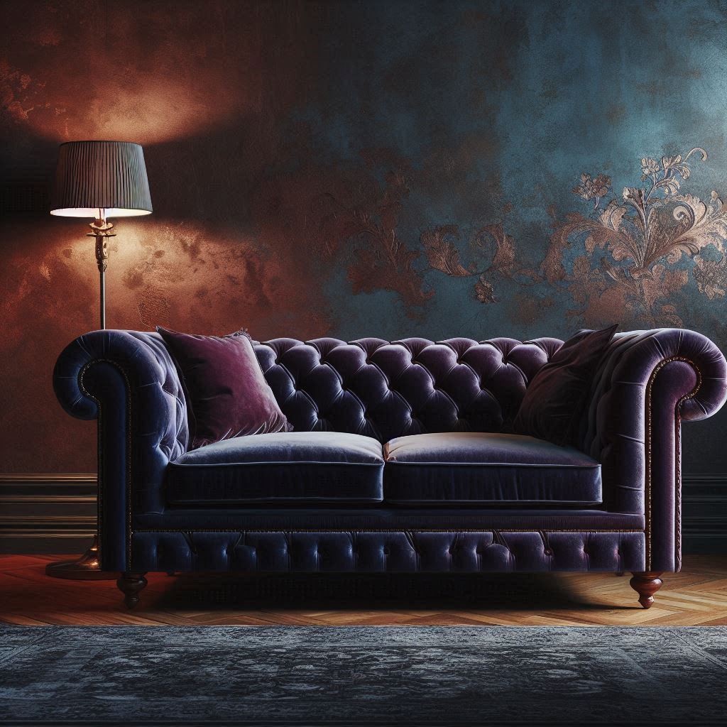 Textured Chesterfield sofa combining leather and velvet, creating visual interest.