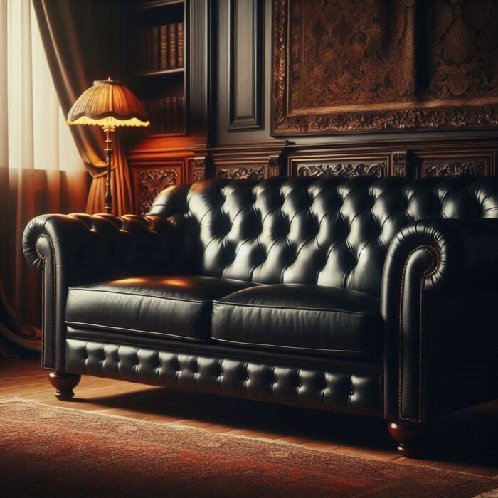 Traditional-style black leather couch with rolled arms and button-tufting in a warm-toned, vintage living room with dark wood furniture and rich textures.