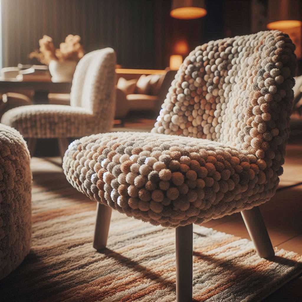 Close-up shots of Boucle fabric, showcasing unique texture and color options, highlighting the chair’s versatility in different decor styles, with warm lighting and modern design aesthetic.