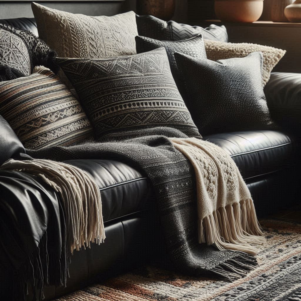 Close-up view of a black leather couch adorned with patterned throw pillows, textured blankets, and a nearby area rug, creating a cozy, layered look with soft lighting highlighting the leather texture.