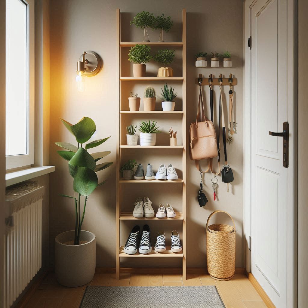 Compact ladder shelf in an entryway, holding shoes, keys, and small plants, with warm lighting creating a cozy and organized corner near the door.