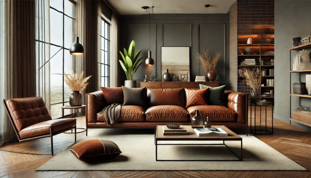 Modern living room with a deep brown leather sofa, accented cushions, wooden coffee table, and minimalist decor with large windows.