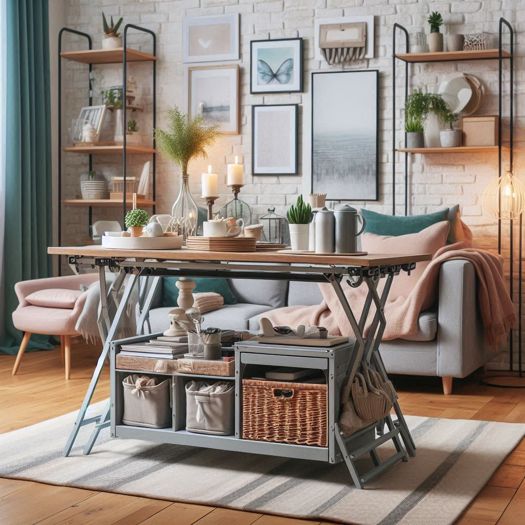 A versatile folding table in a studio apartment. During the day, it serves as a desk with a laptop and books. In the evening, it transforms into a dining table with two chairs. The apartment features neutral tones and compact décor.