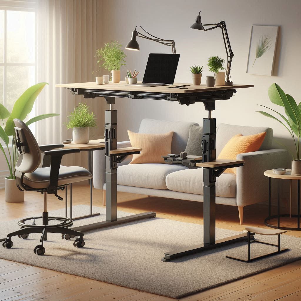 An adjustable height folding table showcased in two scenarios. First, set at dining table height with chairs around it. Second, lowered to coffee table height with a sofa nearby.